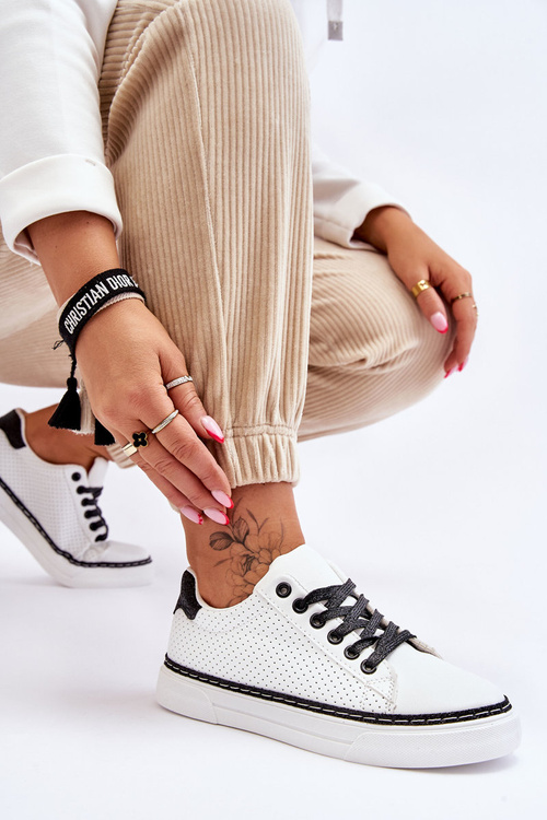 Trampki Niskie Damskie Perforacja Biało-Czarne Daxton