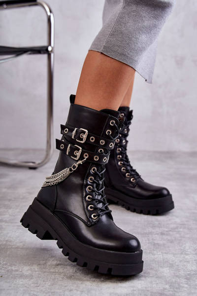 High Workers Boots With A Chain Black Montero