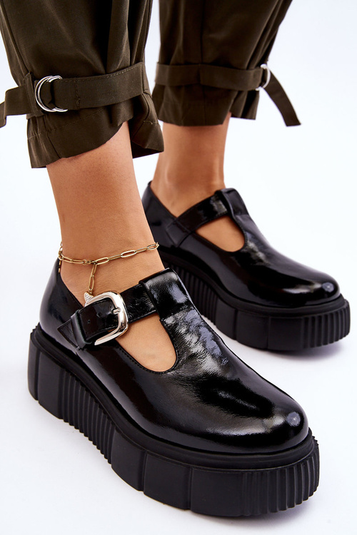 Półbuty Modne Skóra Lakier Masywna Platforma Czarne Colson