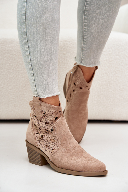 Women's Suede Perforated Cowboy Boots Beige S.Barski HY42-086