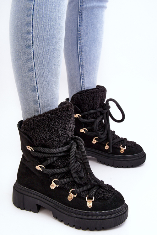 Trapery Śniegowce Damskie Wiązane Czarne Shala JJ53P