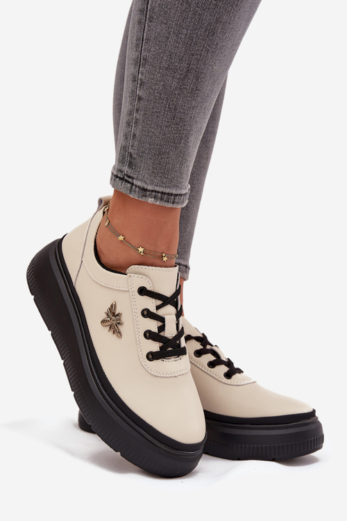 Leather Women's Platform Shoes with Buckle Vinceza 41495 Beige