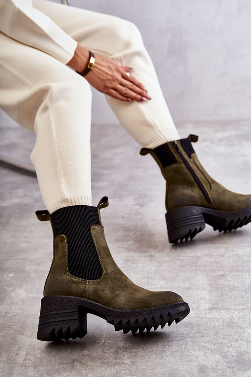 Botki Damskie Ocieplane Obcas Zielone Abella