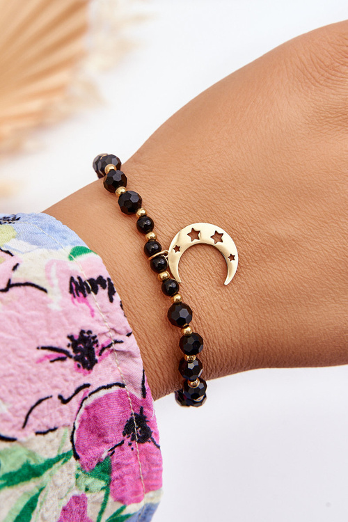 Bracelet With Beads And Ornate Moon Black