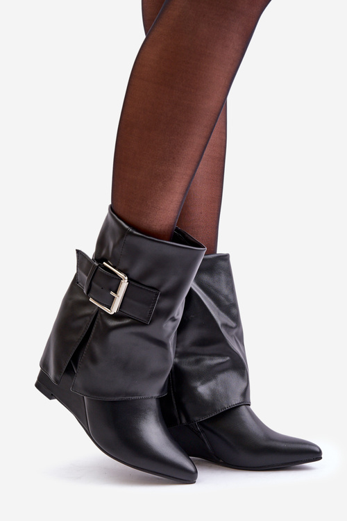 Wedge Ankle Boots With Folded Shaft And Buckle Black Vortinia