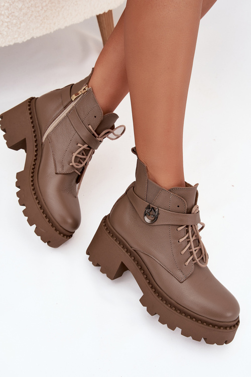 Damskie Botki Skóra Ozdobny Pasek Obcas Klocek Ocieplane Ciemnobeżowe Zazoo 60557