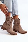 Botki Kowbojki Damskie Ażurowe Zamszowe Niski Obcas Cappucino Zazoo 3305/2
