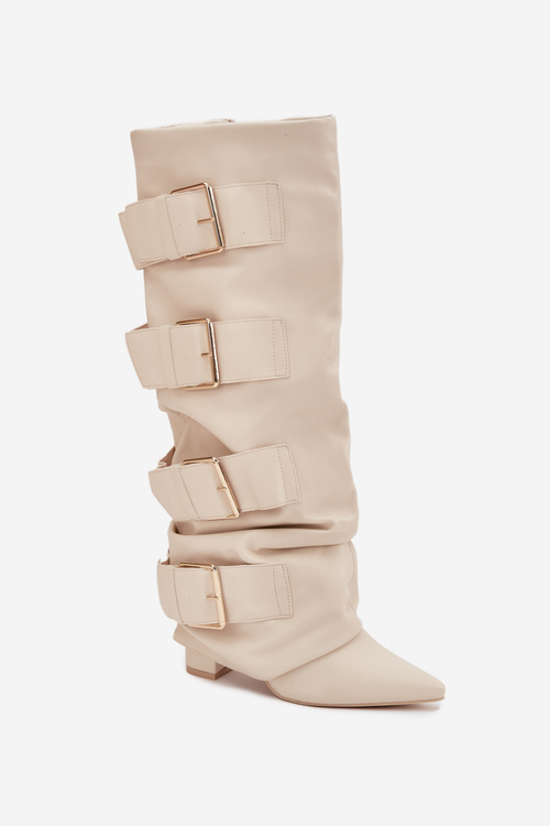 Women's High Heel Boots with Turned-up Shaft and Golden Buckles Light Beige Isavelle