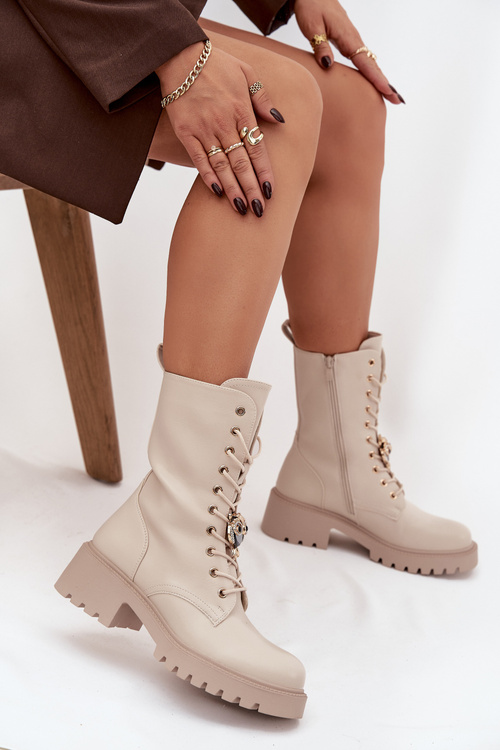 Women's Workery Boots With Buckles Bear Heart Beige Iravine