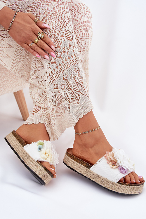 Women's sandals with flowers platform with weaving white Zenvanis