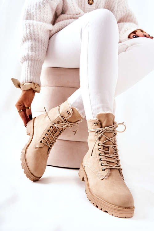 Leather Padded Worker Boots Beige Kimmie