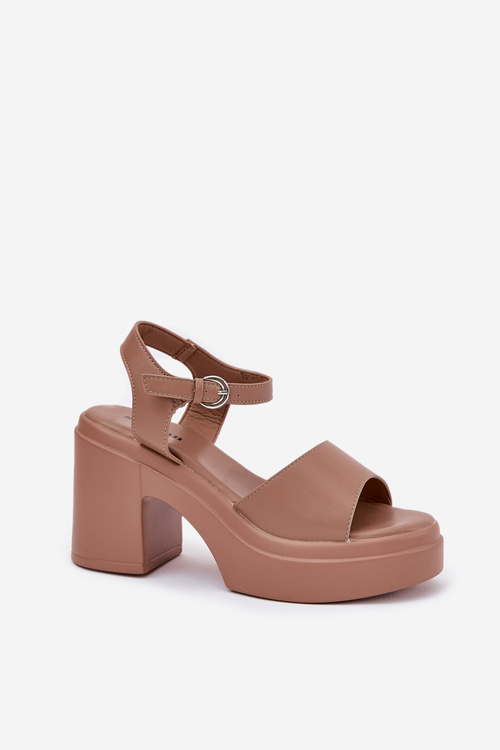 Women's sandals on a chunky heel and platform made of eco leather dark beige Korlevia