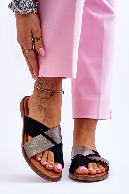 Classic Women's Leather Slippers Black Platinum Nancy