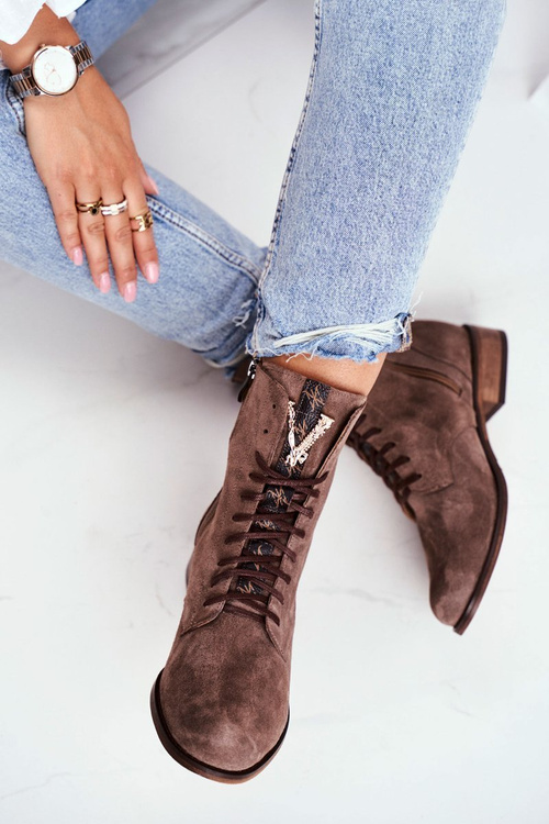 Botki Damskie Skórzane Nubuk Cappuccino Nicole 2593