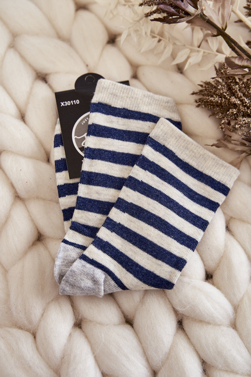 Women's Classic Cotton Socks Striped Beige-Navy blue