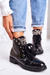 Insulated Boots With Metal Pearls And Ribbon Patent Black Perla