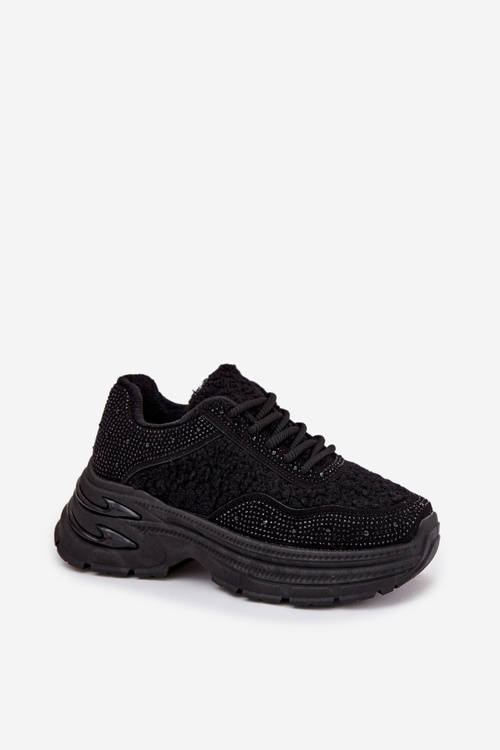 Ladies Sneakers With Rhinestones And Sheepskin Black Zarika