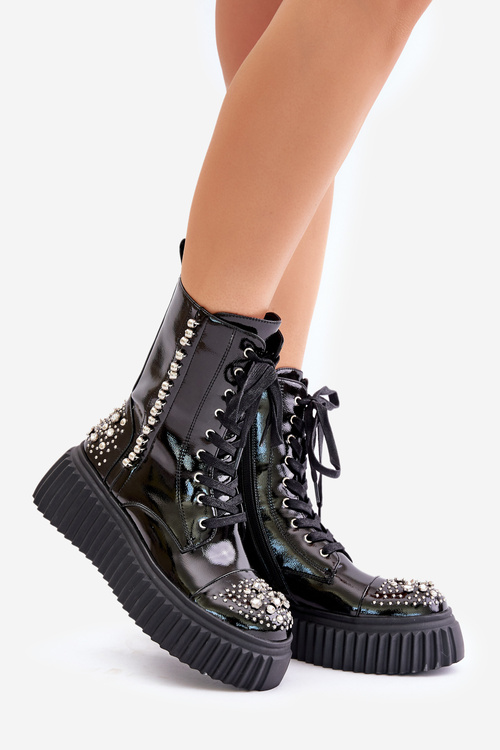 Lacquered Ankle Boots With Decoration On Platform D&A MR880-079 Black