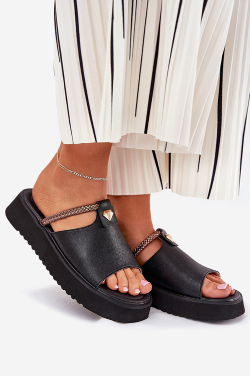 Leather Ladies Platform Slippers With Decorative Strap D&A MK51-475 Black