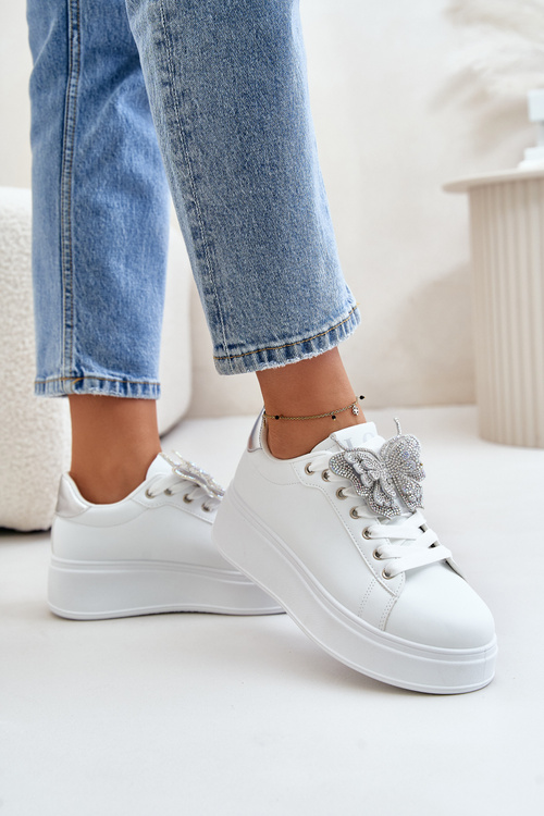 Damskie Eko Skórzane Sneakersy Na Platformie Motyl Biało-Srebrne Naritevia