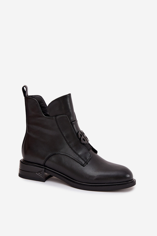 Damskie Botki Skóra Naturalna Ozdobny Detal Niski Obcas Czarne Briselda