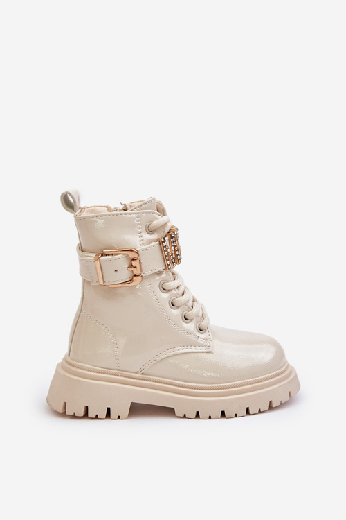 Girls Patent Boots Insulated With Decorative Strap Beige Gilian