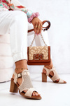Openwork Sandals On A Block Heel Beige Hey Lover