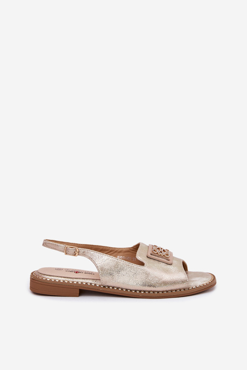 Sandały Z Ozdobą Eleganckie Na Płaskim Obcasie Złote S.Barski KV51-082