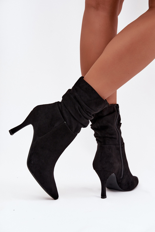 Women's Ankle Boots On Heel With Wrinkled Shaft Eco Suede Zipper Black Ulisse