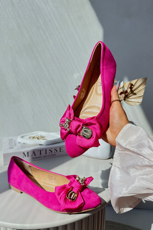 Baleriny Damskie Eko Zamszowe Z Kokardą I Broszką Fuksja Satris